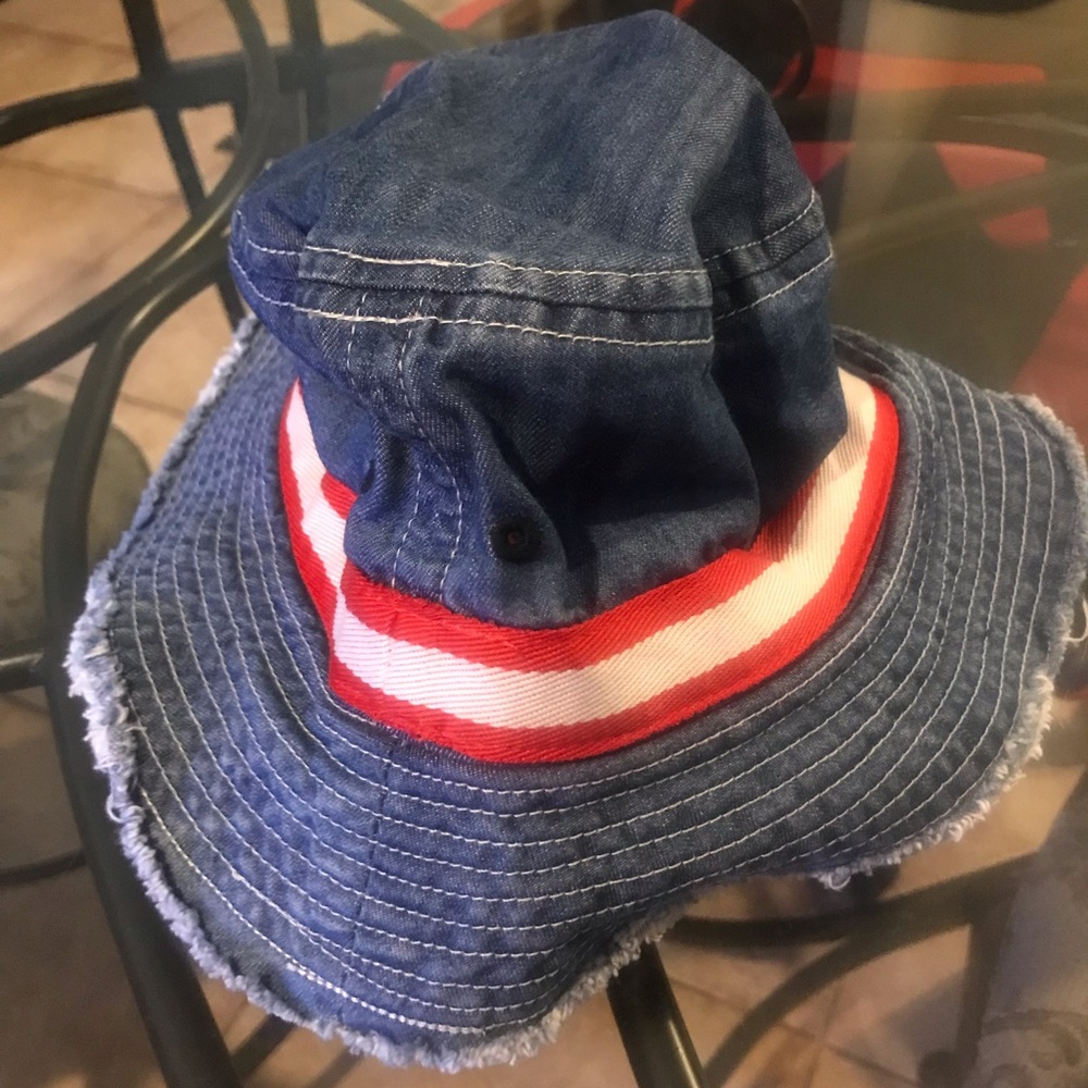 Mini Boden Denim Bucket Hat with Red & White Stripe Band NWOT